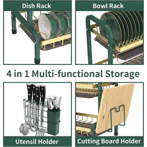 2 Tier Dish Drainer, Dish Drainer with Drain Board, Kitchen Cutlery Storage Rack - Green