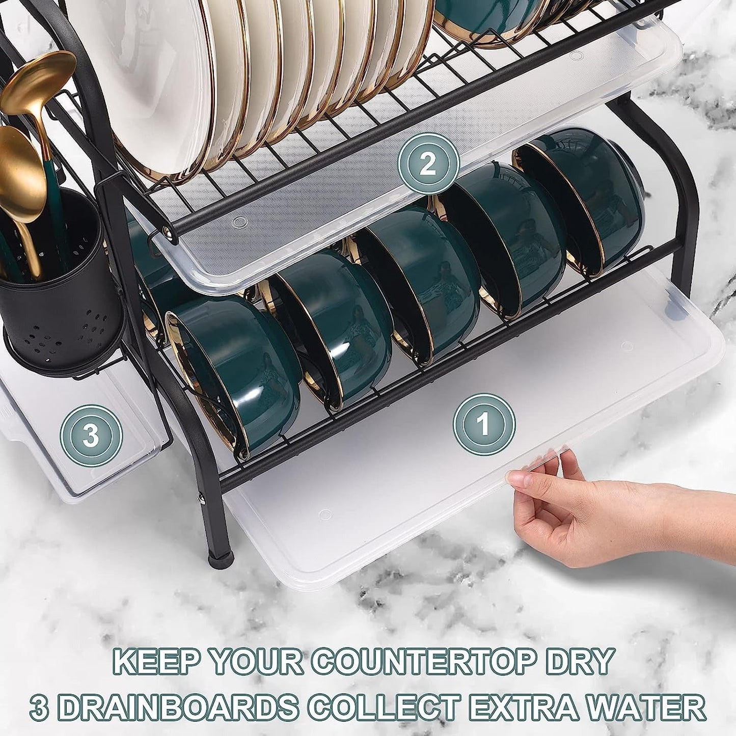 2-Tier Dish Drying Rack / Rust-Proof Kitchen Dish Drainer with Utensil Holder