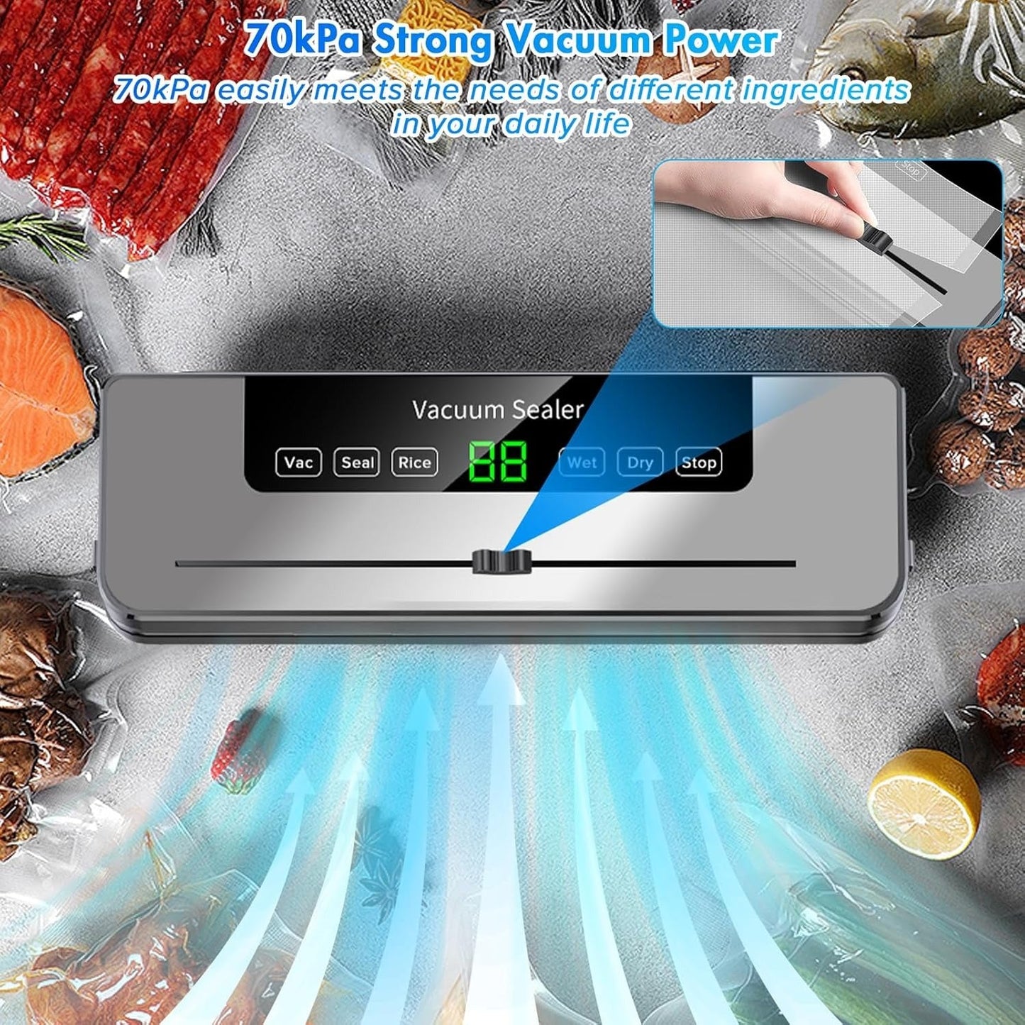 Vacuum Sealer Machine 5-in-1 Fully Automatic Food Saver with Dry/Moist Mode, LED Display & Seal Function – For Meat, Veggies, Fruits & Leftovers