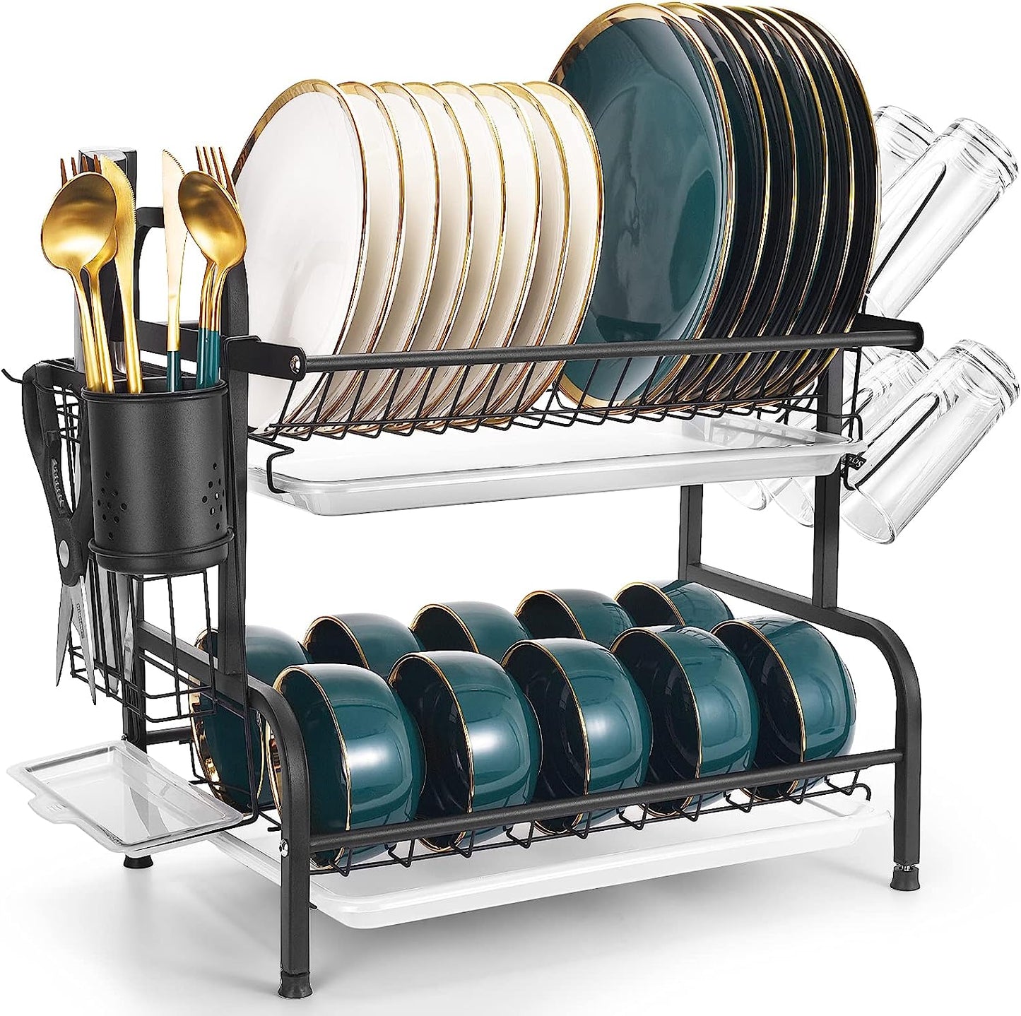 2-Tier Dish Drying Rack / Rust-Proof Kitchen Dish Drainer with Utensil Holder