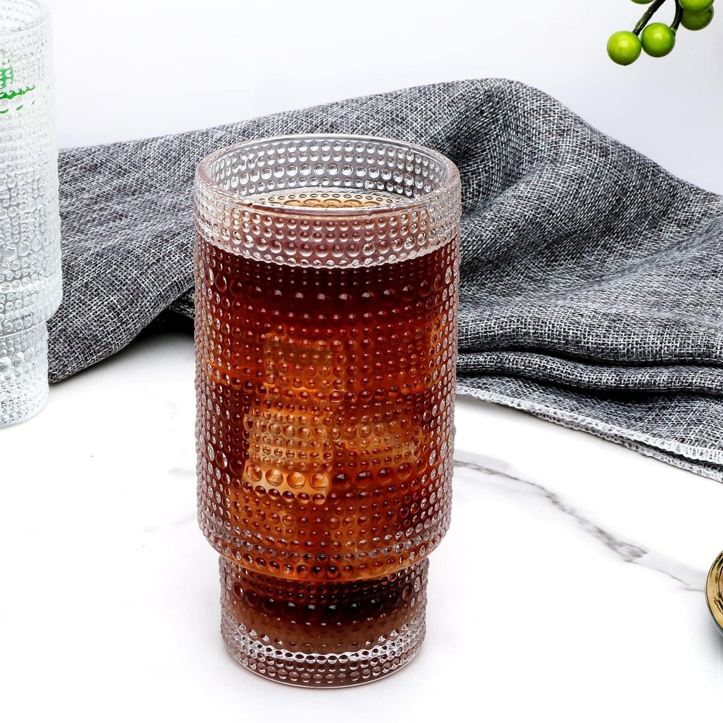 Vintage Tall Drinking Glasses Set of 6,Hobnail Highball Glasses,Romantic Embossed Cocktail Glasses Glass Coffee Glassware Set for Water,Juice,Soda