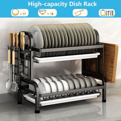 CYFAZA 2 Tier Dish Rack for Kitchen Counter, Dish Drying Rack with Draining Tray, Plate Rack &amp; Dish Drainer, Utensil Holder and Cutting Board Holder