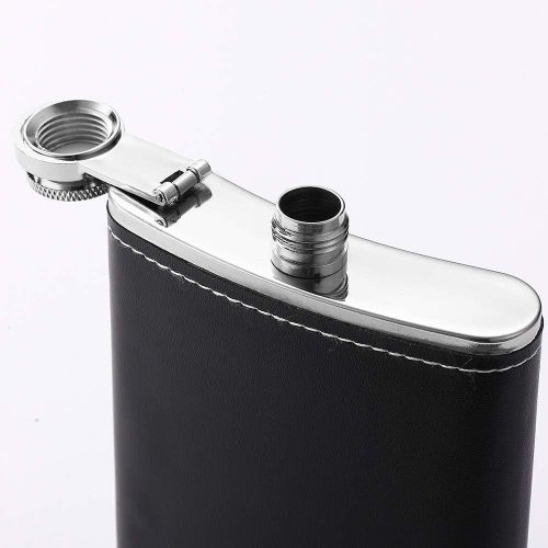 1 Pack Flask for Liquor and Funnel, Premium 8 Oz Leak Proof 18/8 Stainless Steel Pocket Hip Flask with Black Leather Cover, Great Gift Idea