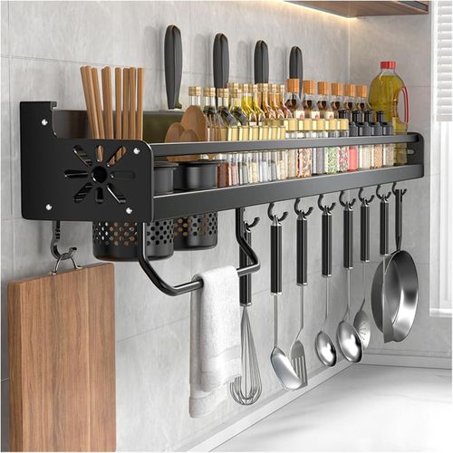 60cm wall-mounted spice rack, no drilling required, with 10 hooks for hanging on the wall, suitable for storing 2 cups of spices - Black