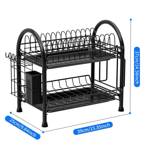 Double-Tier Dish Drainer, Kitchen Dish Storage Rack with Drain Tray - Black