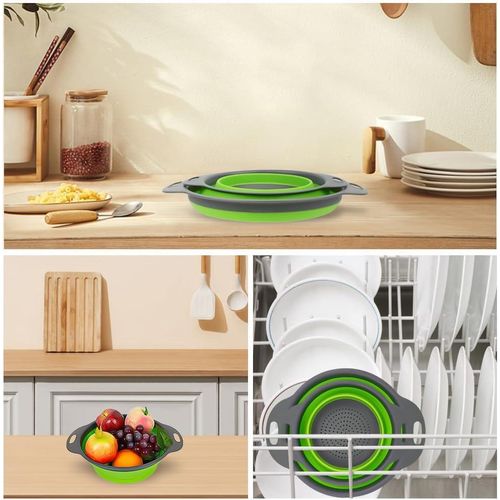 2 Pack Collapsible Colander Set, Round Silicone Folding Collapsible Strainers with Plastic Handles, Eco-Friendly Food Strainer for Kitchen Draining Pasta Vegetables Fruits-1 Large and 1 Small
