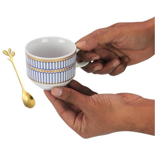 Set Of 4 Ceramic Tea Cups With Stand,Printed Coffee Mugs With Holder+Elegant Gold Leaf Coffee Spoons,Tableware Dessert Spoons,Espresso &amp; Dessert Tea Spoons  - 150 ML