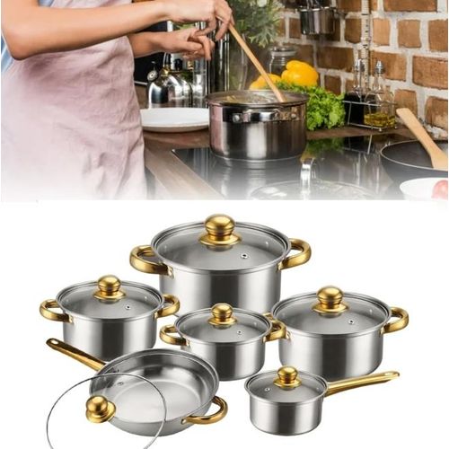 12Pcs Heavy Non-Stick Cooking Pot Set/Cookware Set With Frying Pan  - With Glass Lid - Gold