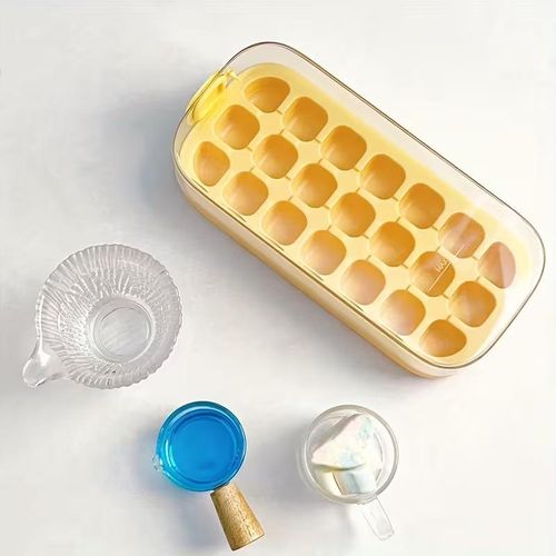 Ice Cube Tray with Lid and Bin for Freezer - 21 pcs Silicone Ice Cube Mold, No Touch Easy Release - BPA free, Reusable, Stackable, suitable for cocktails whiskey coffee and more (Yellow-21 pcs)