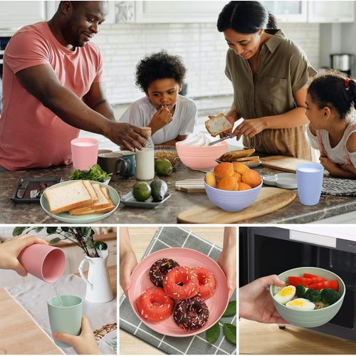 Nordic 4-color 28-piece set wheat straw plate bowl cup k-n-ife fork spoon chopsticks outdoor bowl and dish tableware set