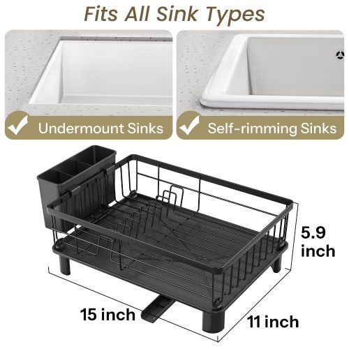 addigoes Iron Dish Rack with Extendable Drainboard &amp; Knife Holder - Space Saving Counter Drying Rack with Utensil Holder and Knife Slots (Black)