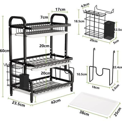 CYFAZA Dish Drying Rack, Metal 3-Tier Large Capacity Dish Rack with Utensil Holder, Cutting Board Holder, Draining Board Tray for Kitchen Counter Storage (Black)