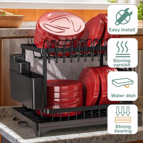 Kitchen countertop utensil drying rack, double-layer stainless steel drain with drainage board and utensil rack, used for large capacity storage of bowls/cups/bottles