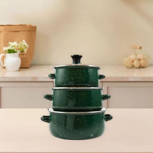 3-piece enamel stockpot with lid cooker portable multi-function reusable stockpot soup - Green