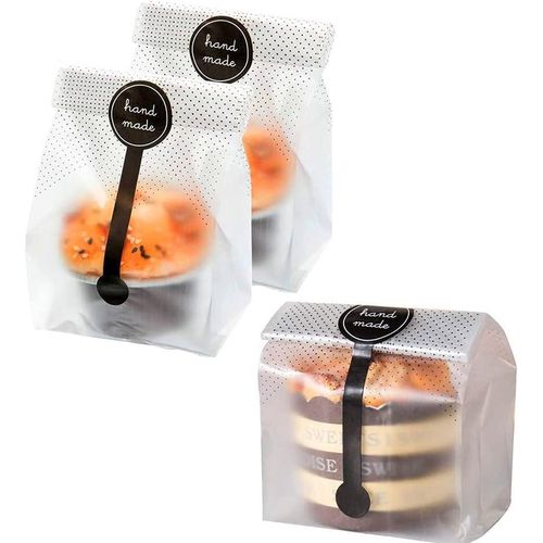 100pcs Translucent Plastic Bags, BetterJonny Cellophane Bags with 100Pcs Hand Made Stickers for Cookie, Cake, Chocolate, Candy, Bakery Party Supplies
