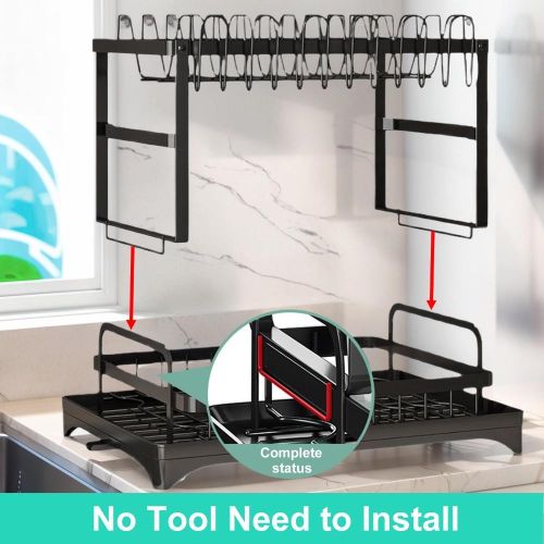addigoes 2-Tier Iron Dish Drying Rack with Drip Tray &amp; Utensil Basket - Heavy Duty Kitchen Counter Organizer, Space-Saving (Black)
