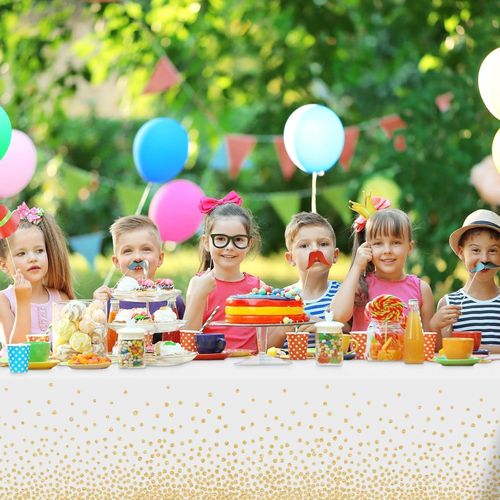 White and Gold Dot Tablecloth, White Plastic Table Cloths for Parties Disposable, 54x108in Waterproof Rectangular Camping Tablecloth for Birthday Party Picnic Baby Shower