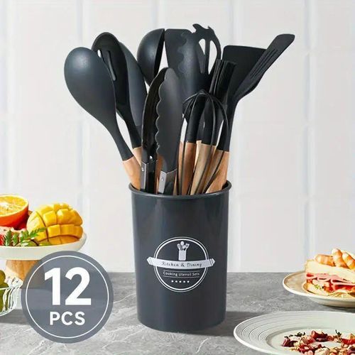 12 PCS Kitchen Cooking Utensils Set, Non Stick Silicone Utensil Set 446°F Heat Resistant, Wooden Handle Silicone Cookware Set
