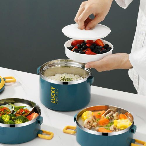 1 set of 4-layer stainless steel reusable lunch box with lunch bag and cutlery, large capacity portable thermos cup - blue