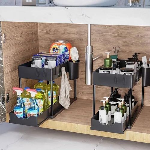 2-layer storage under sink, sliding drawer, multifunctional organizer for kitchen and bathroom sink