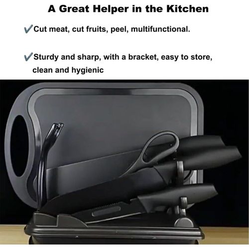 Knife Sets, 7 Pieces Black Kitchen Knife Set with Stainless Steel Kitchen Knife, Melon Planer, Holder, Chopping Board/Professional Kitchen Chef Knives Set for Hotel, Family