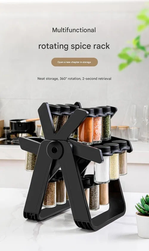 Rotating Spice Rack for Home – Kitchen Seasoning Storage Set with Glass Spice Jars, Organizer Shelf