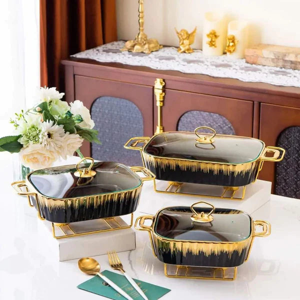 3-Piece Chafing Dish Set, 1.2L/1.8L/2.5L Ceramics Chafers & Buffet Warmer Set with Lid, Food Warmers for Parties & Outdoor, Luxury