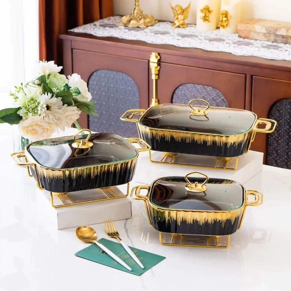3-Piece Chafing Dish Set, 1.2L/1.8L/2.5L Ceramics Chafers & Buffet Warmer Set with Lid, Food Warmers for Parties & Outdoor, Luxury