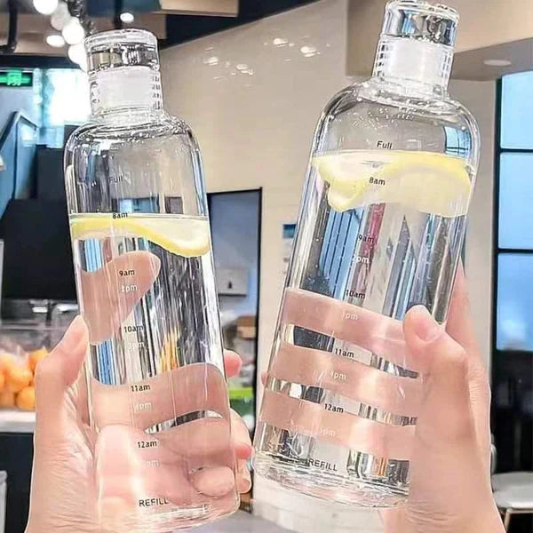 750ml Borosilicate Glass Water Bottle with Leak Proof Cap Time Marker for School Gym Daily Use