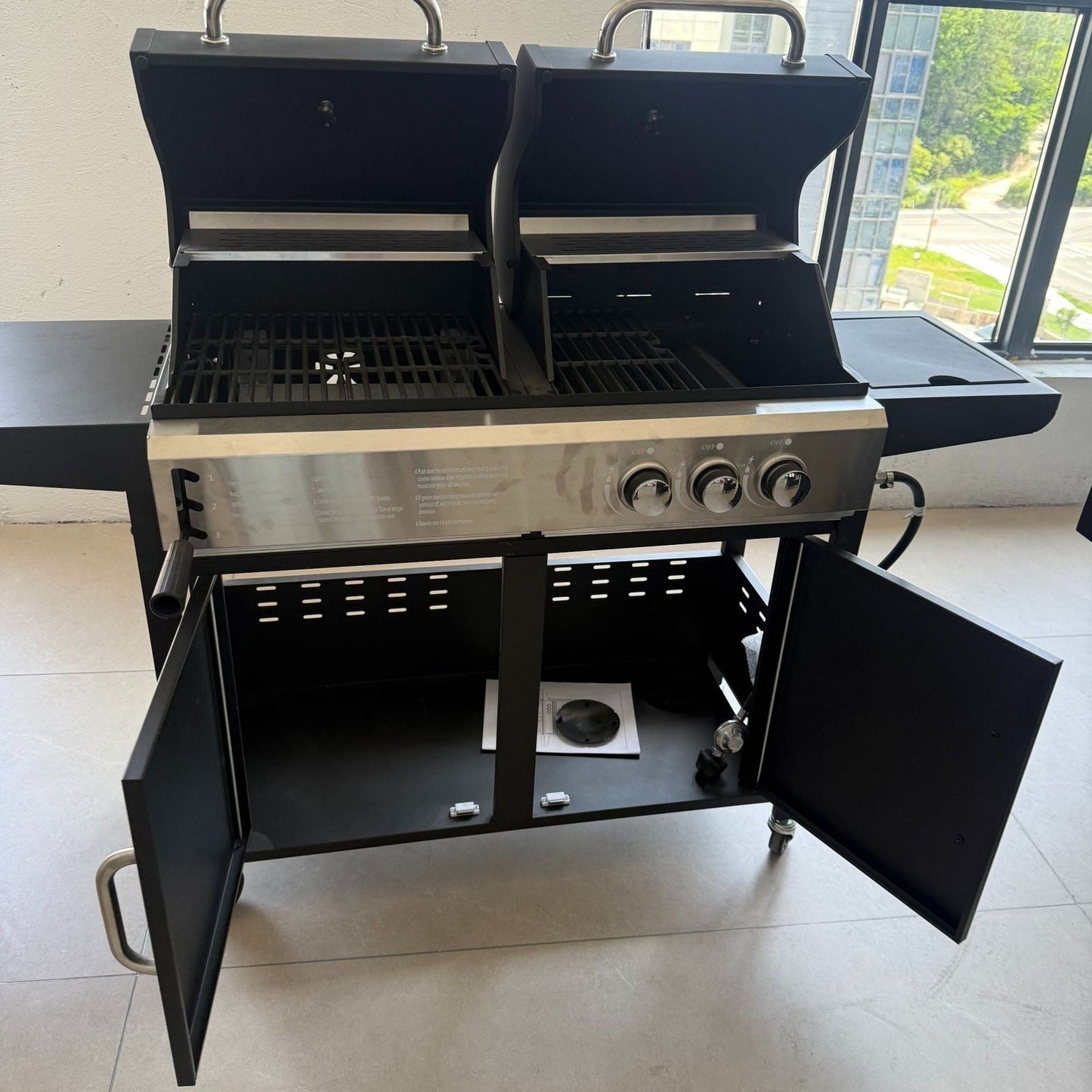 2-in-1 Gas & Charcoal BBQ Spit Roaster with Trolley Outdoor Grill for Garden & Camping