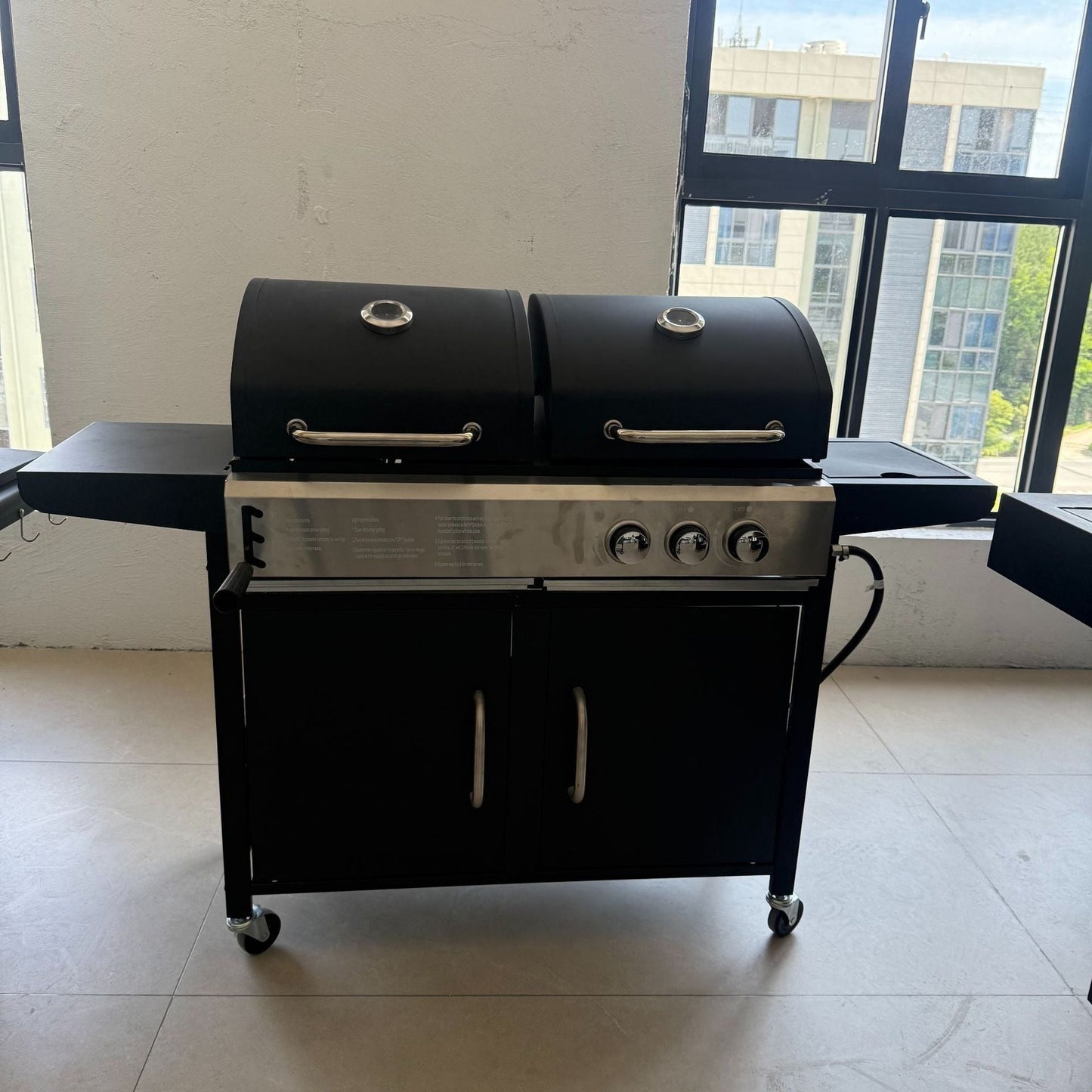 2-in-1 Gas & Charcoal BBQ Spit Roaster with Trolley Outdoor Grill for Garden & Camping