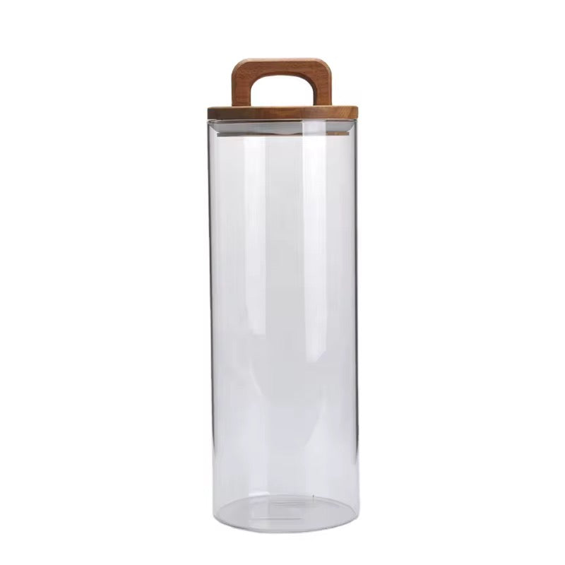 Glass Jar with Solid Wood Lid With Carry Handle Flower Tea Sealer Candy Jar Coffee Bean Organizer Coffee Storage Airtight Canister Petal Decorative Container 1000ML