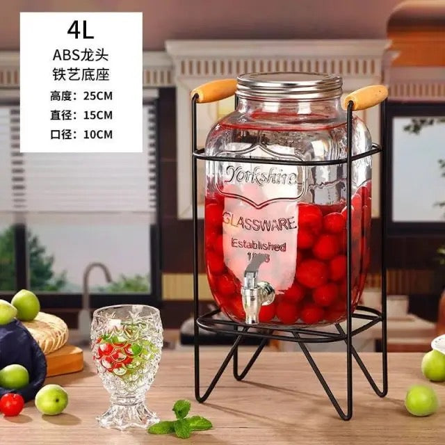 Glass Drink Dispenser with Stand & Tap Juice & Cocktail Dispenser Elegant Beverage Server for Parties, Weddings & Home Use