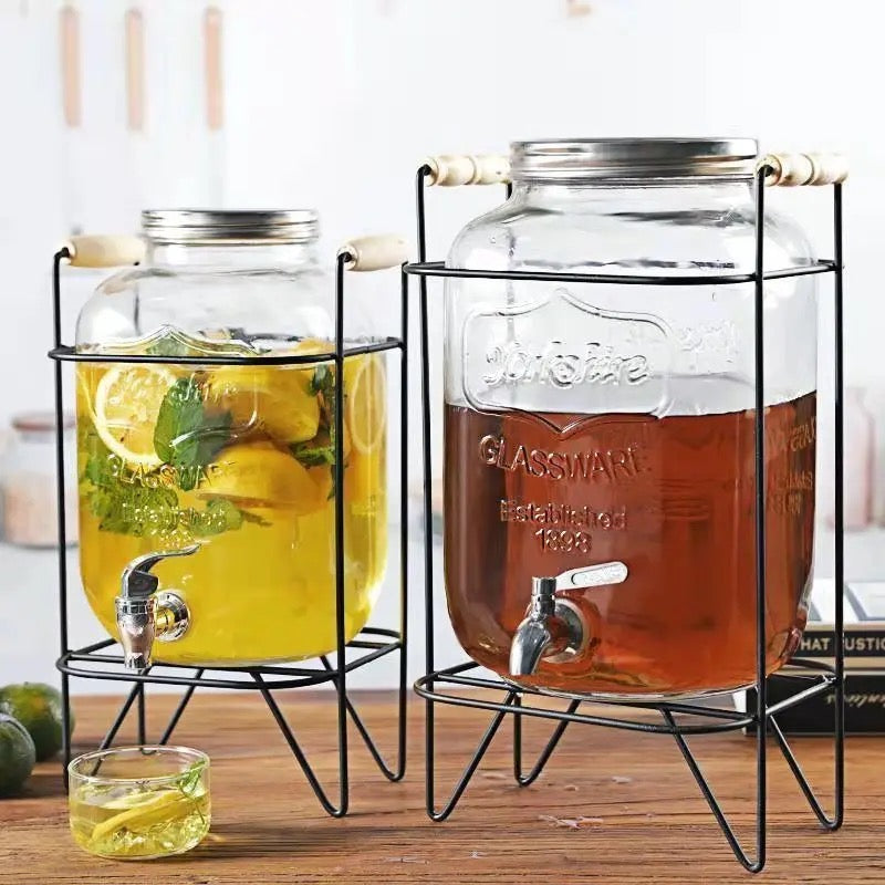 Glass Drink Dispenser with Stand & Tap Juice & Cocktail Dispenser Elegant Beverage Server for Parties, Weddings & Home Use