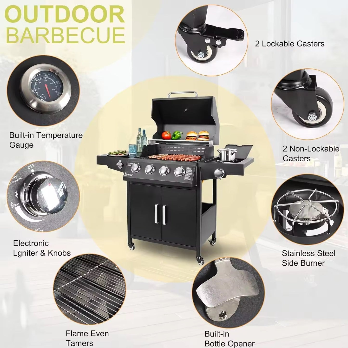 4-Burner Gas Grill with Side Burner – High-Output Propane BBQ for Home, Garden & Outdoor Cooking Curated by Homelux Lifestyle