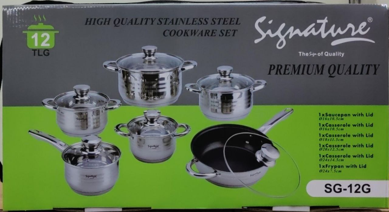 Signature Stainless Steel 12pcs Cookware Set With Induction Base With Glass Lids and Nonstick Pan