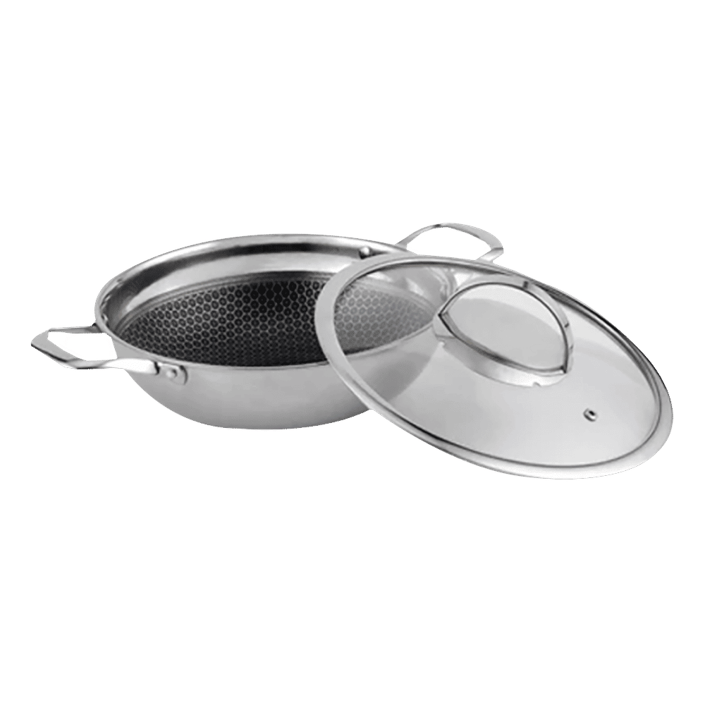 30cm Wok Pan  4.5L Deep Skillet Griddle with Lid – Tripply S/S Stainless Steel, Honeycomb Non-Stick Coating – Induction Compatible Stir-Fry Pan