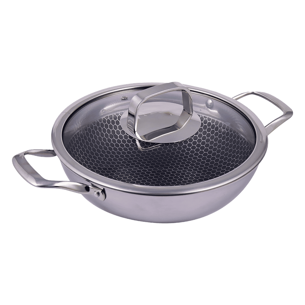 30cm Wok Pan  4.5L Deep Skillet Griddle with Lid – Tripply S/S Stainless Steel, Honeycomb Non-Stick Coating – Induction Compatible Stir-Fry Pan