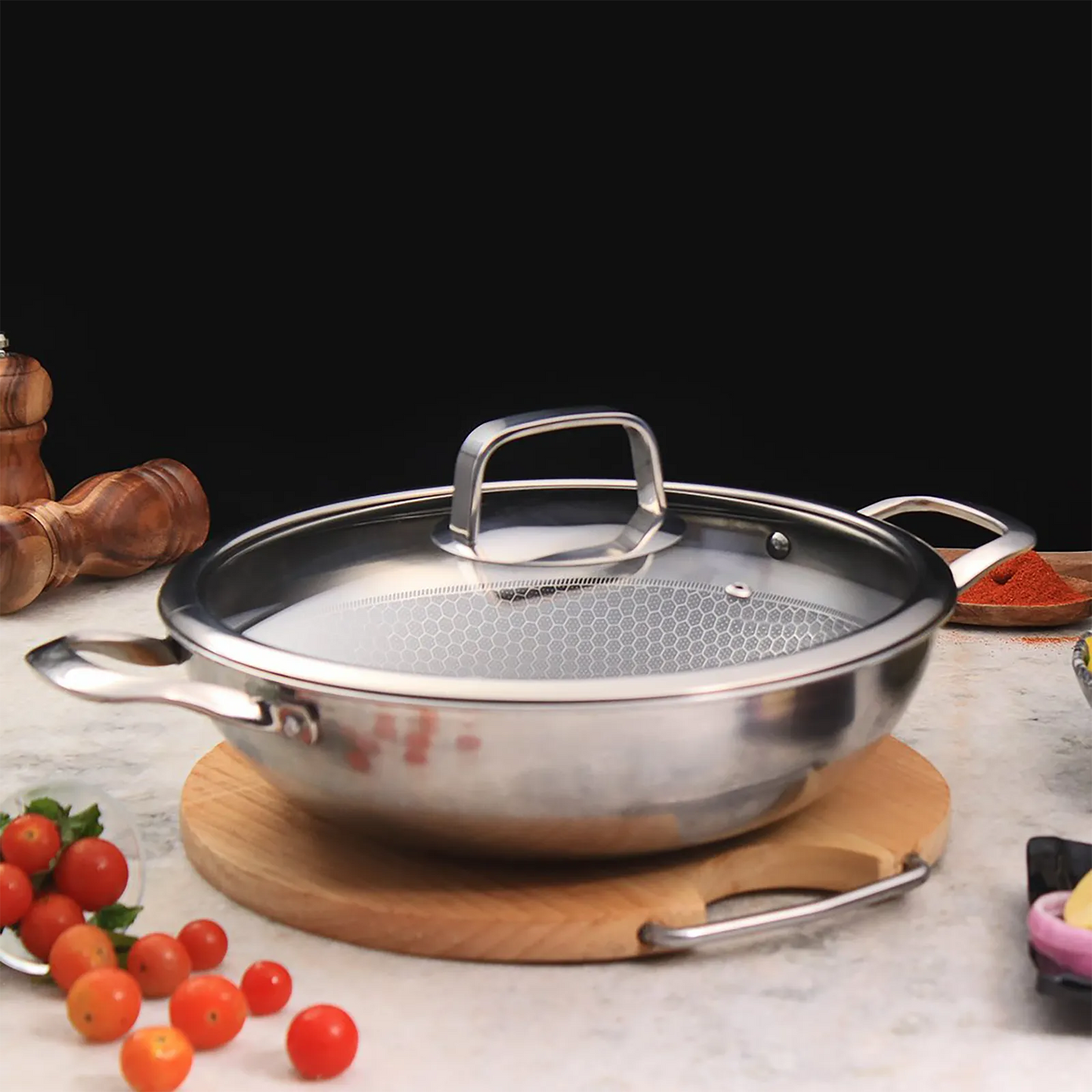 30cm Wok Pan  4.5L Deep Skillet Griddle with Lid – Tripply S/S Stainless Steel, Honeycomb Non-Stick Coating – Induction Compatible Stir-Fry Pan