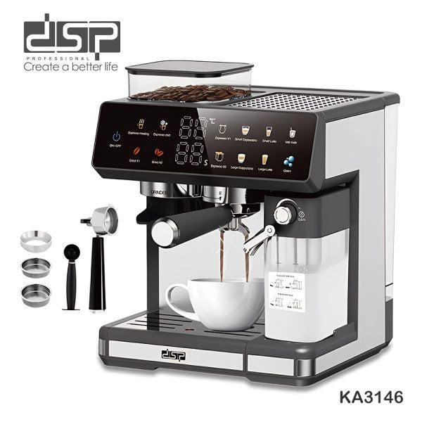 DSP 3-in-1 Fully Automatic Espresso Machine Built-in Grinder, Milk Frother & One-Touch Cappuccino Stainless Steel Coffee Maker