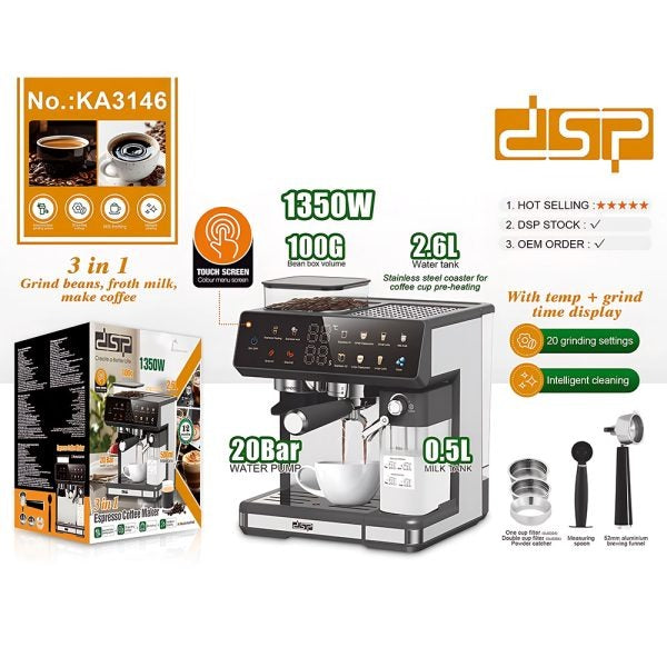 DSP 3-in-1 Fully Automatic Espresso Machine Built-in Grinder, Milk Frother & One-Touch Cappuccino Stainless Steel Coffee Maker