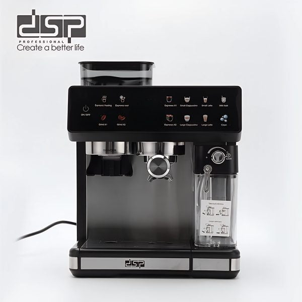 DSP 3-in-1 Fully Automatic Espresso Machine Built-in Grinder, Milk Frother & One-Touch Cappuccino Stainless Steel Coffee Maker