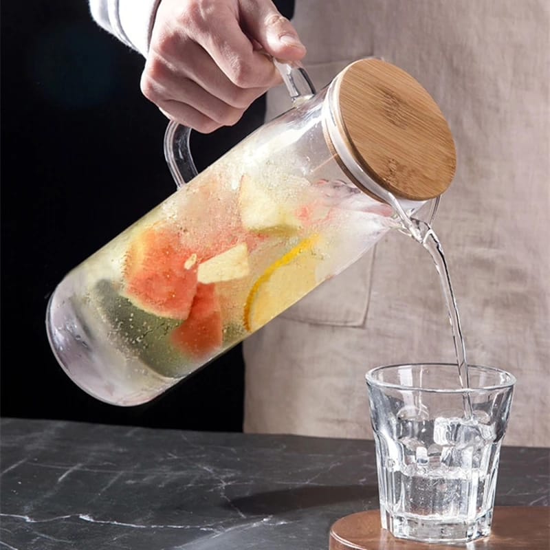 Glass Borosilicate Water Pitcher jug with Handle and Bamboo lid