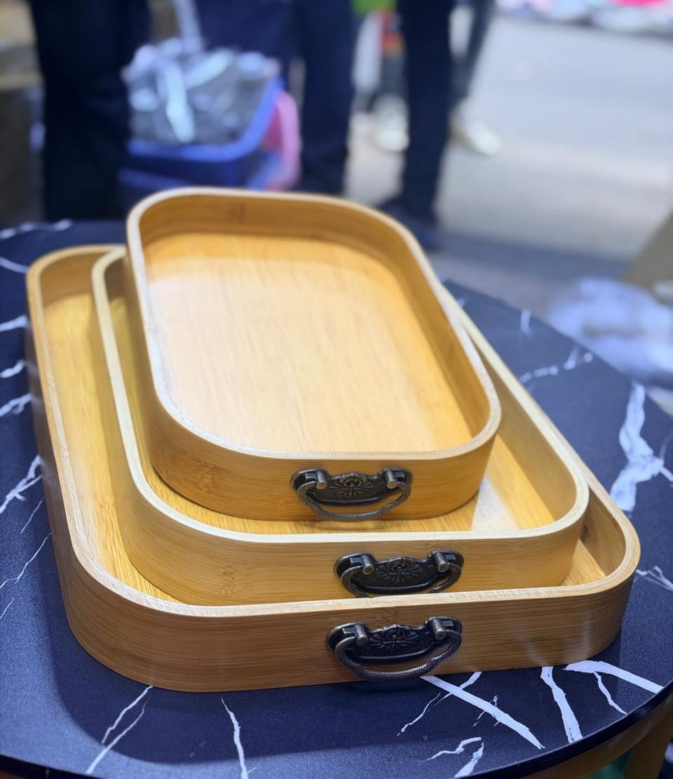 Multi-functional Round Bamboo Serving Trays Wooden Food Trays with Customised Handles – For Home Decor, Breakfast, Tea & Household Use