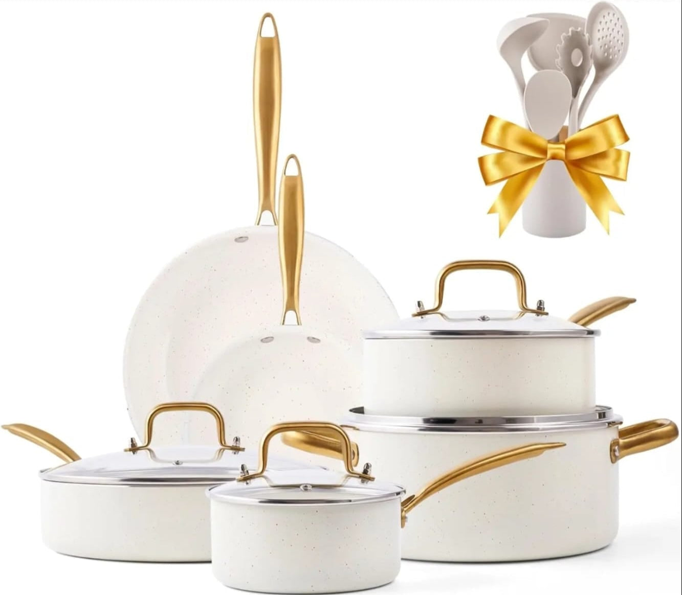 15 Pcs Ceramic Cookware Set PFAS Free PFOA Free with 5 Silicone Spoons Dishwasher Safe