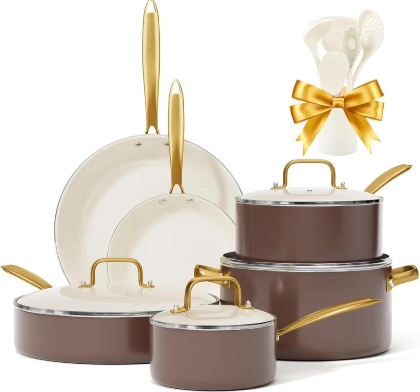 15 Pcs Ceramic Cookware Set PFAS Free PFOA Free with 5 Silicone Spoons Dishwasher Safe
