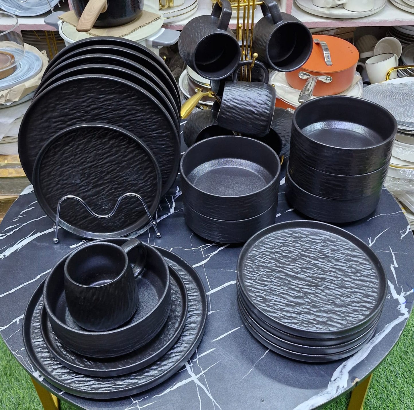 24 Pcs Rock Glazed Ceramic Dinner Set 6 Plates Bowls Mugs Microwave Dishwasher Safe