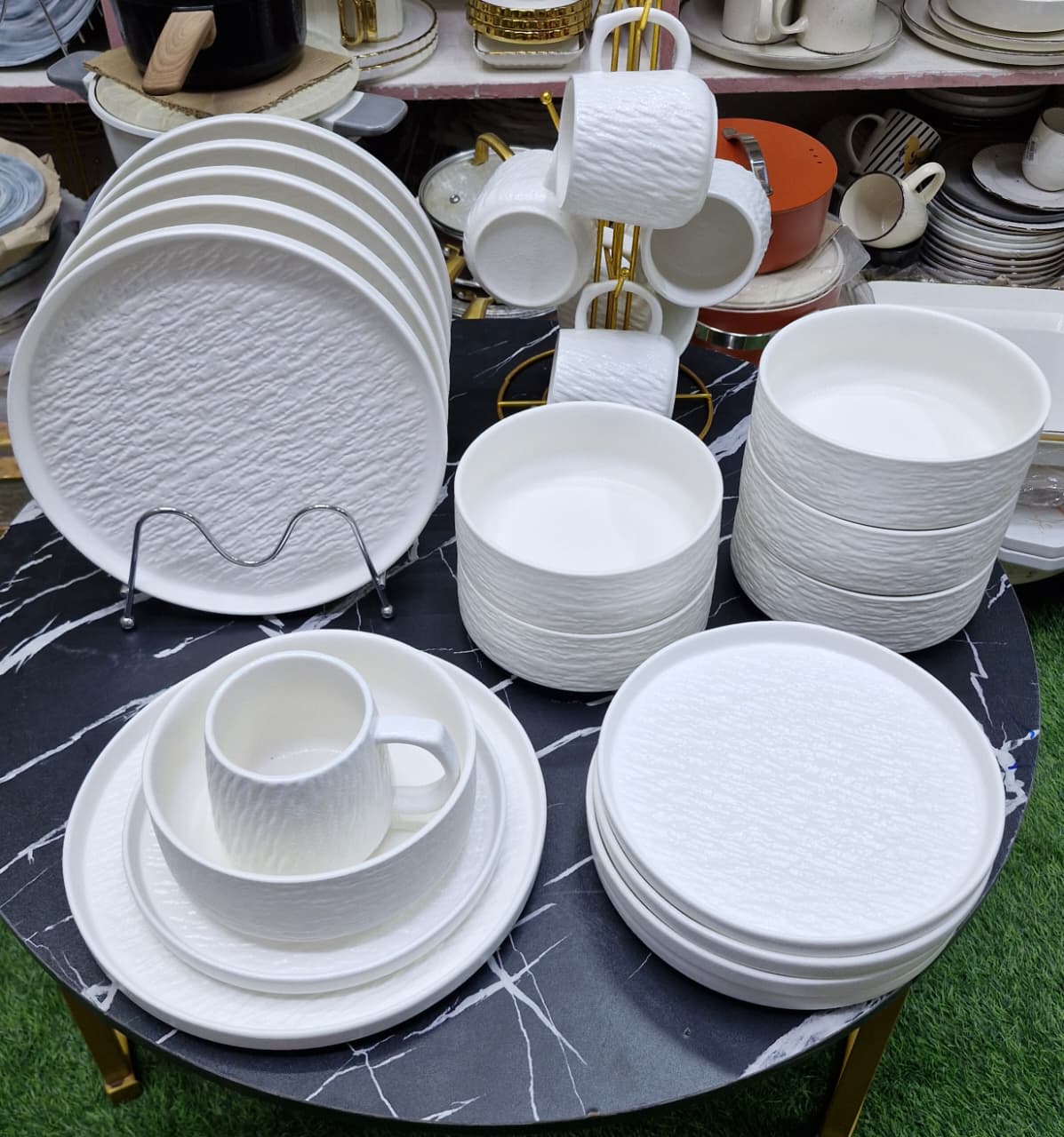 24 Pcs Rock Glazed Ceramic Dinner Set 6 Plates Bowls Mugs Microwave Dishwasher Safe