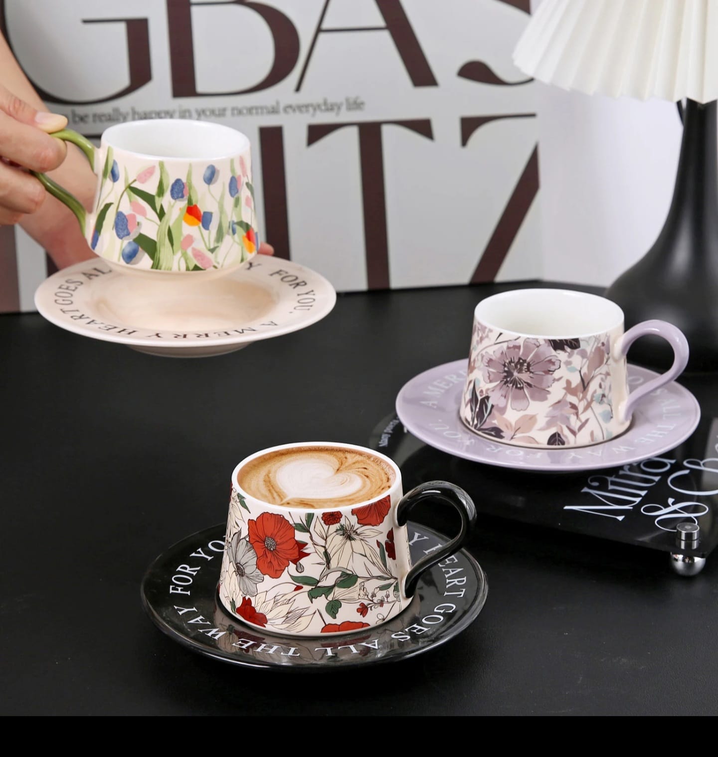 Hand Printed Peony Ceramic Coffee Cup with Saucer Set 300ml Gift Box
