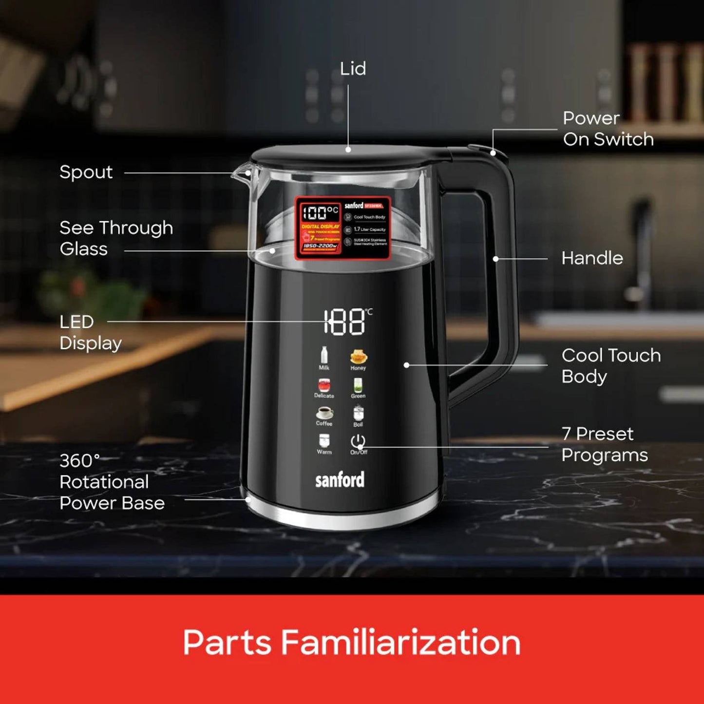 Sanford Premium 1.7L Smart Kettle 1850W-2200W Double Layer Cordless Electric Kettle with Digital Touch Screen, Auto Lid, 7 Preset Programs & Keep Warm 304 Stainless Steel Heating Element
